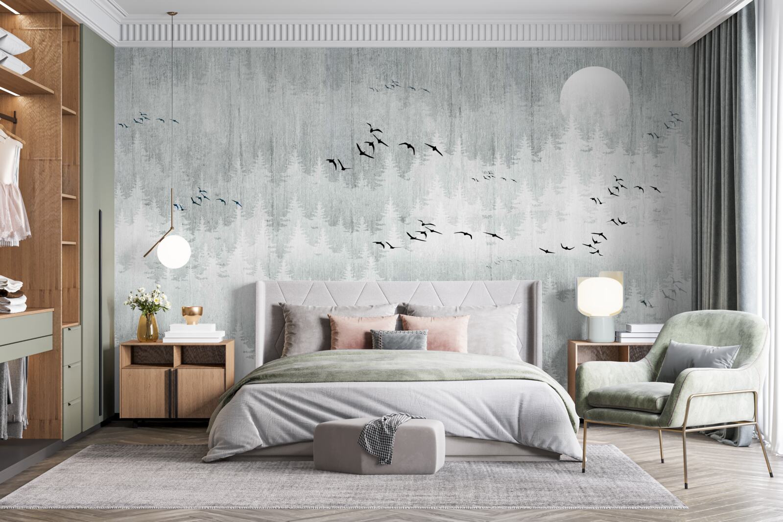 Фотошпалери птахи пролітають над лісом, вкритим туманом