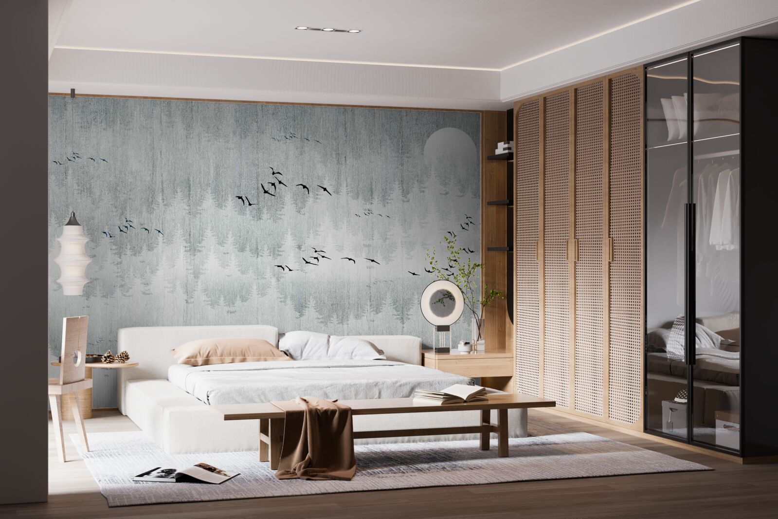 Фотошпалери птахи пролітають над лісом, вкритим туманом