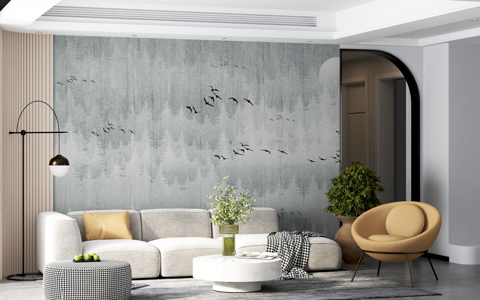 Фотошпалери птахи пролітають над лісом, вкритим туманом