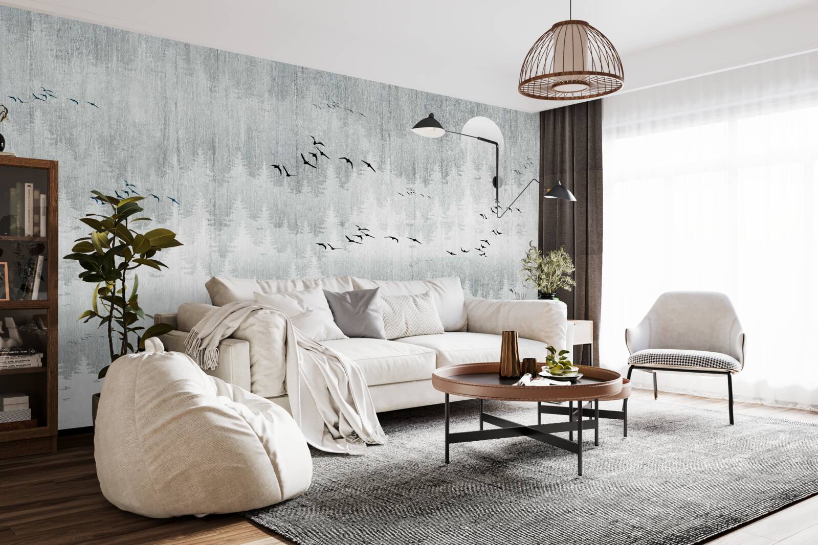 Фотошпалери птахи пролітають над лісом, вкритим туманом