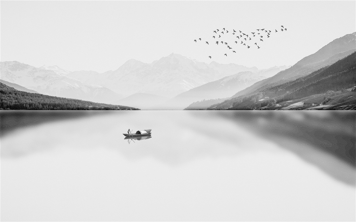 Фотошпалери рибалка в центрі тихого ставка