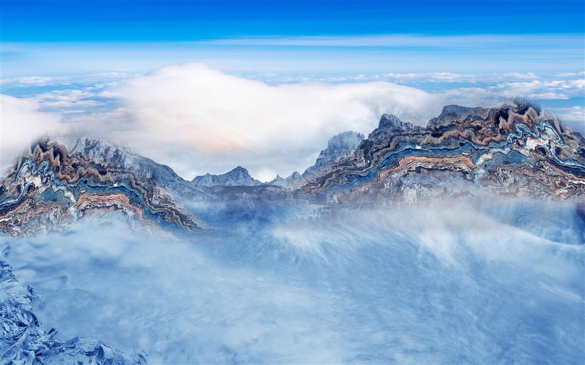 Фотошпалери скелясті вершини оповиті густим туманом