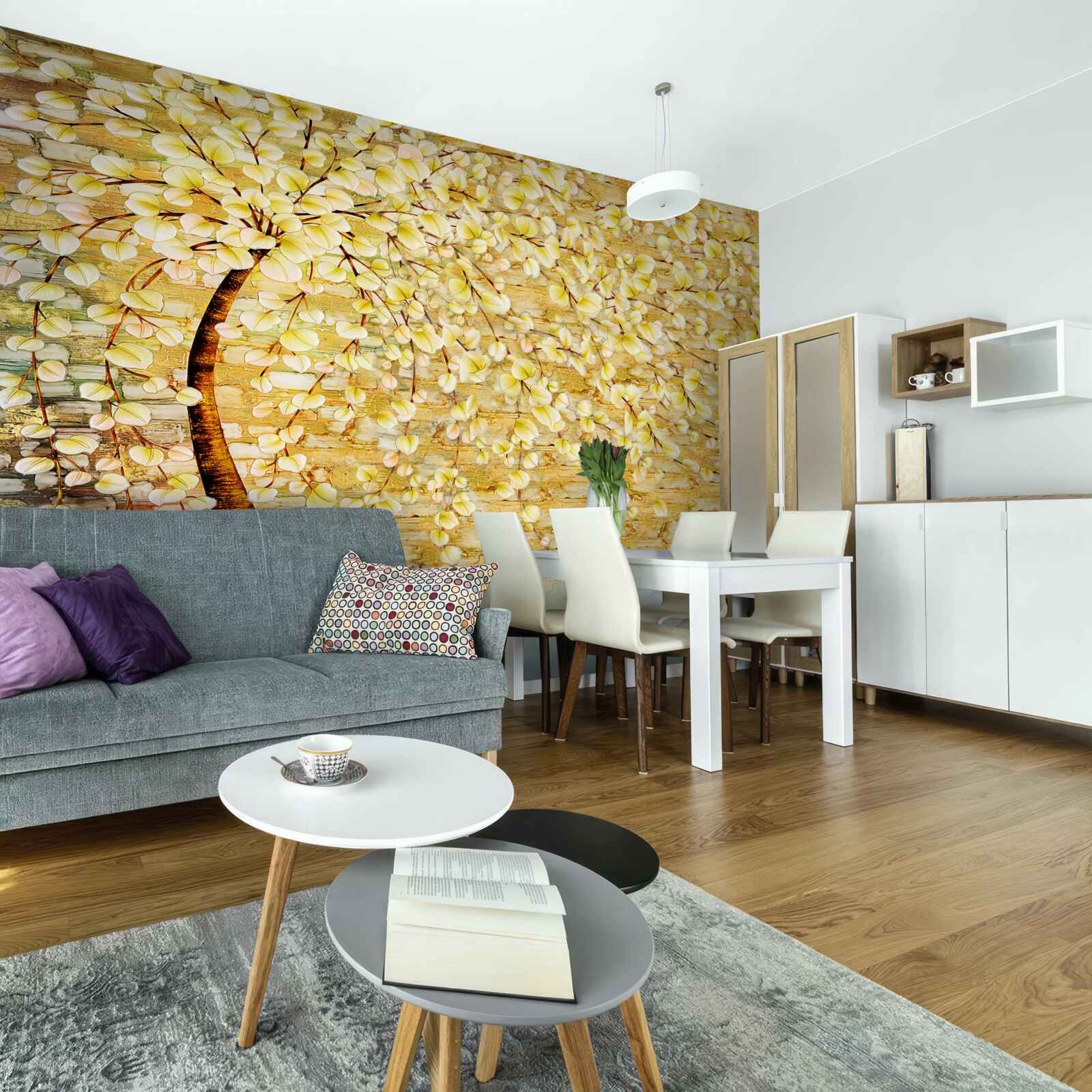 Фотошпалери дерево, всіяне білими та жовтими квітами