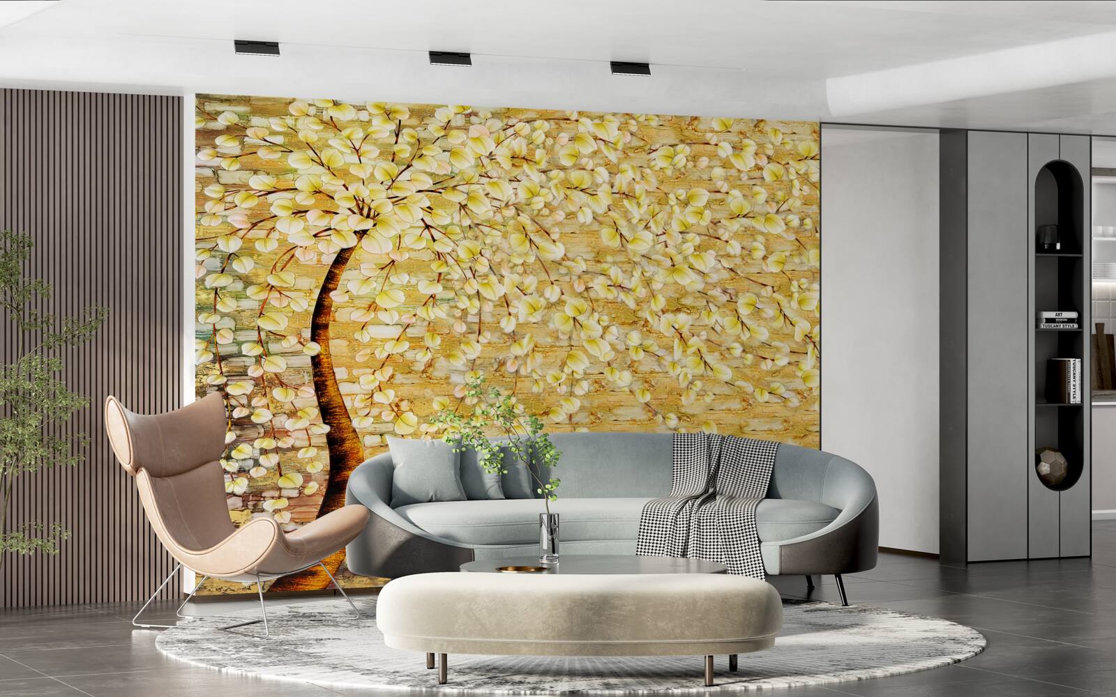 Фотошпалери дерево, всіяне білими та жовтими квітами