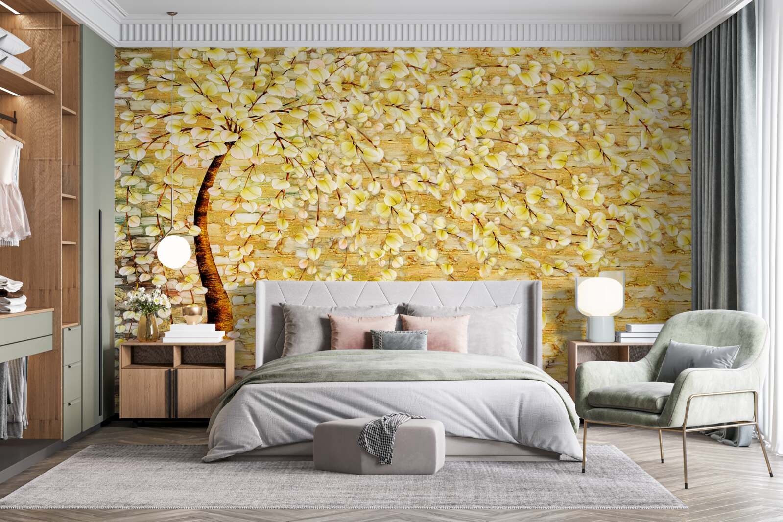 Фотошпалери дерево, всіяне білими та жовтими квітами