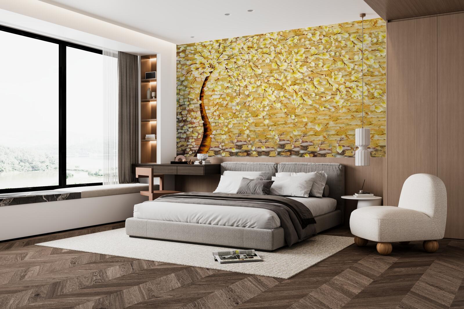 Фотошпалери дерево, всіяне білими та жовтими квітами