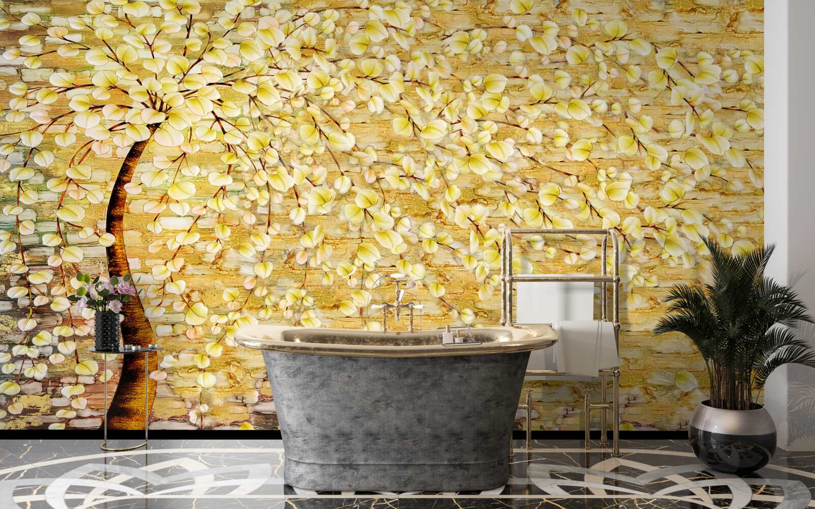 Фотошпалери дерево, всіяне білими та жовтими квітами