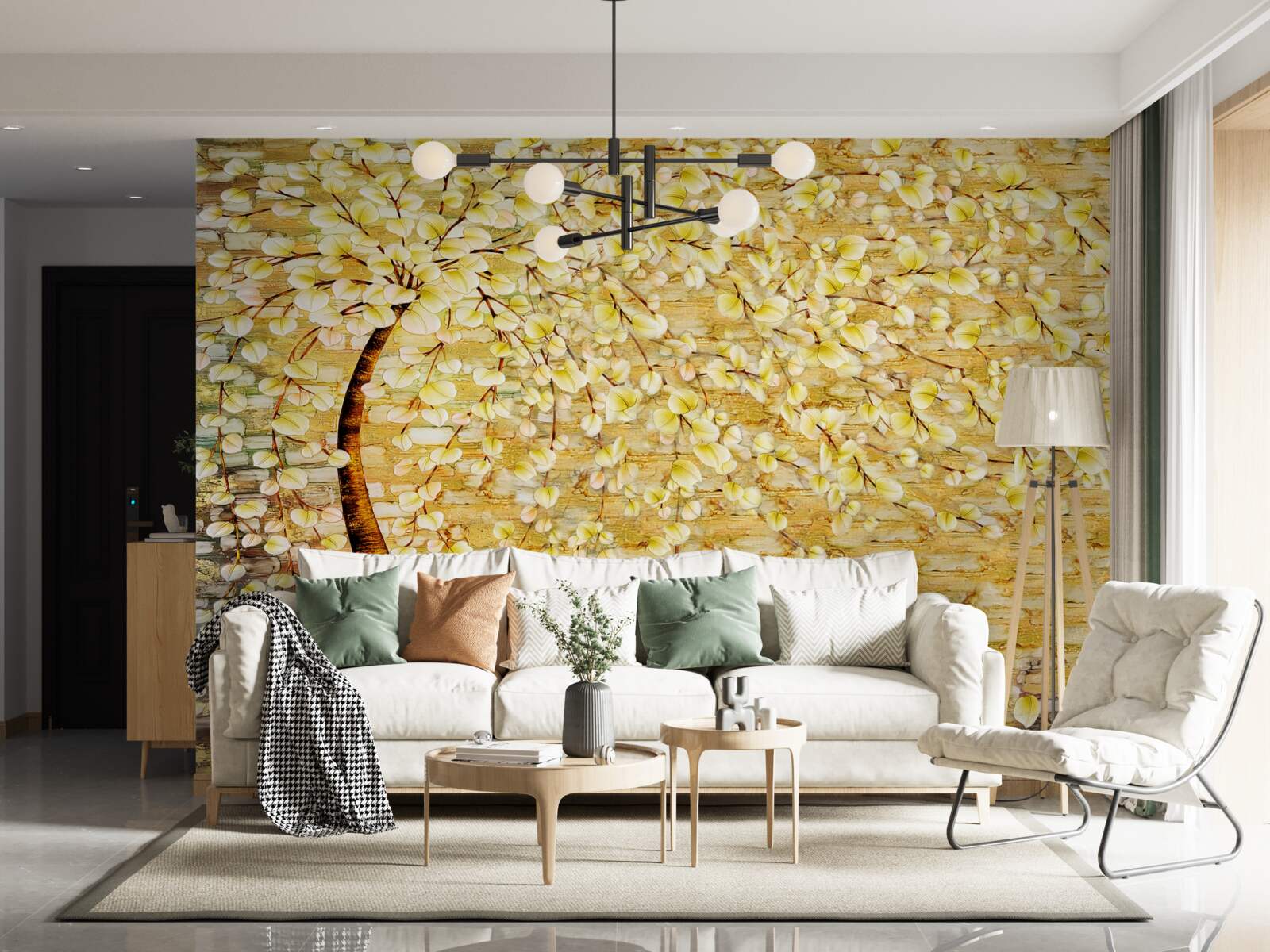 Фотошпалери дерево, всіяне білими та жовтими квітами