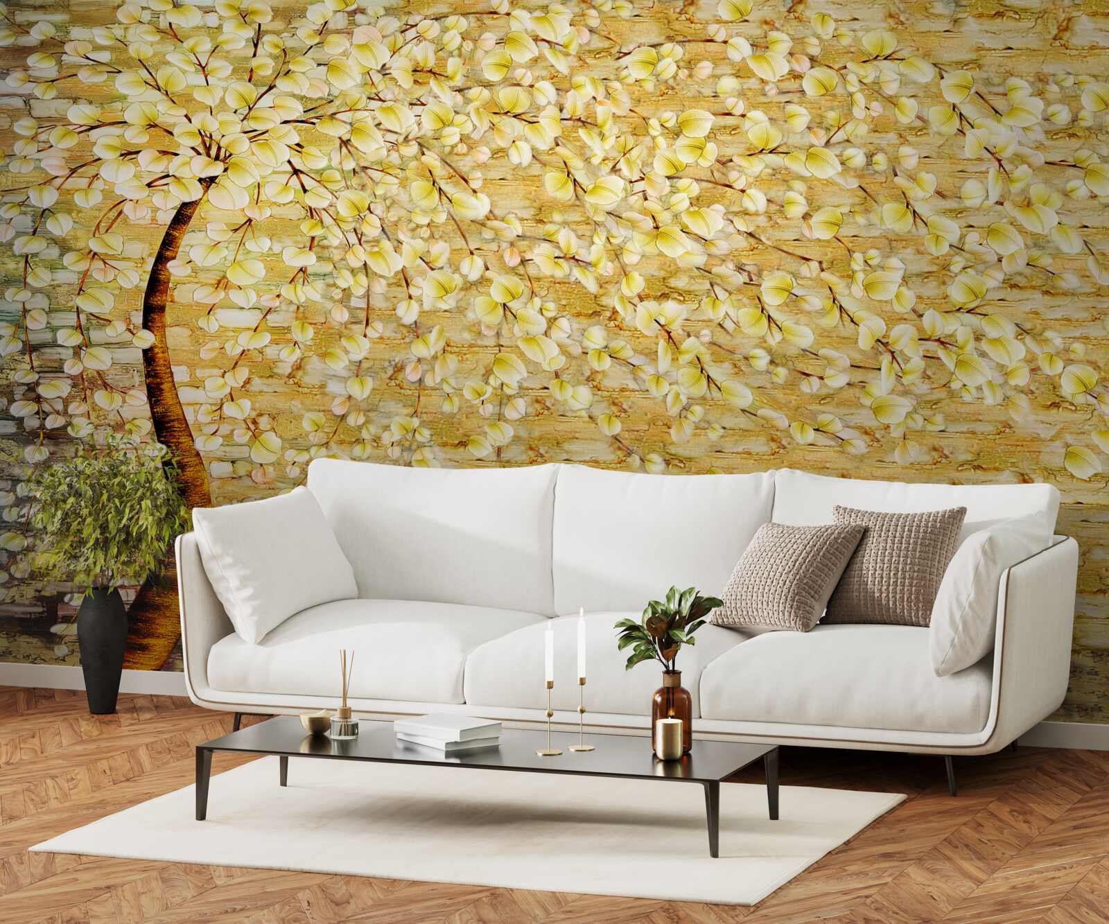 Фотошпалери дерево, всіяне білими та жовтими квітами