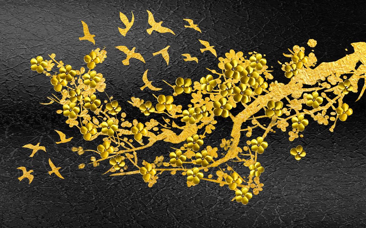 Фотошпалери маленькі жовті квіти та пташки