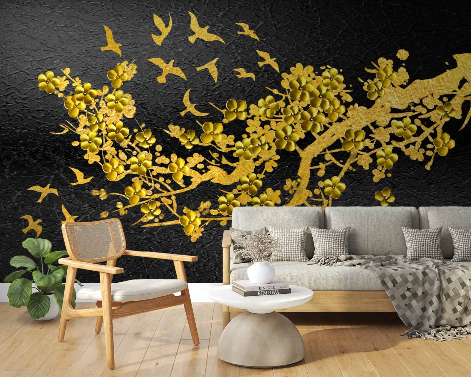 Фотошпалери маленькі жовті квіти та пташки