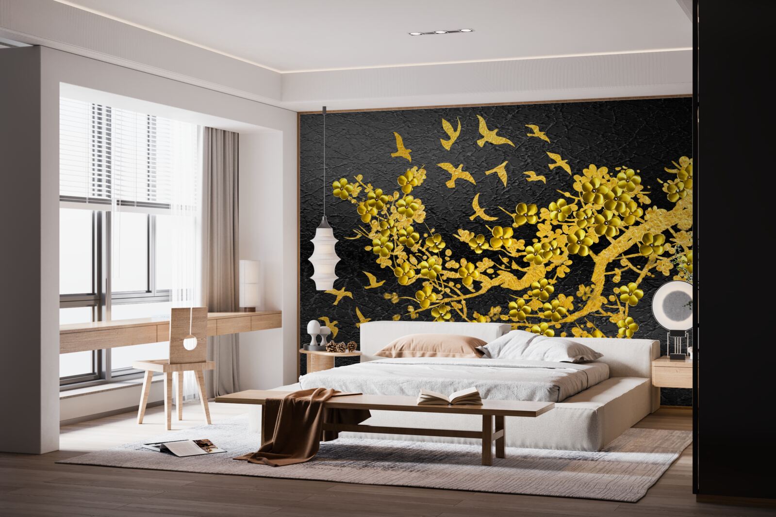 Фотошпалери маленькі жовті квіти та пташки