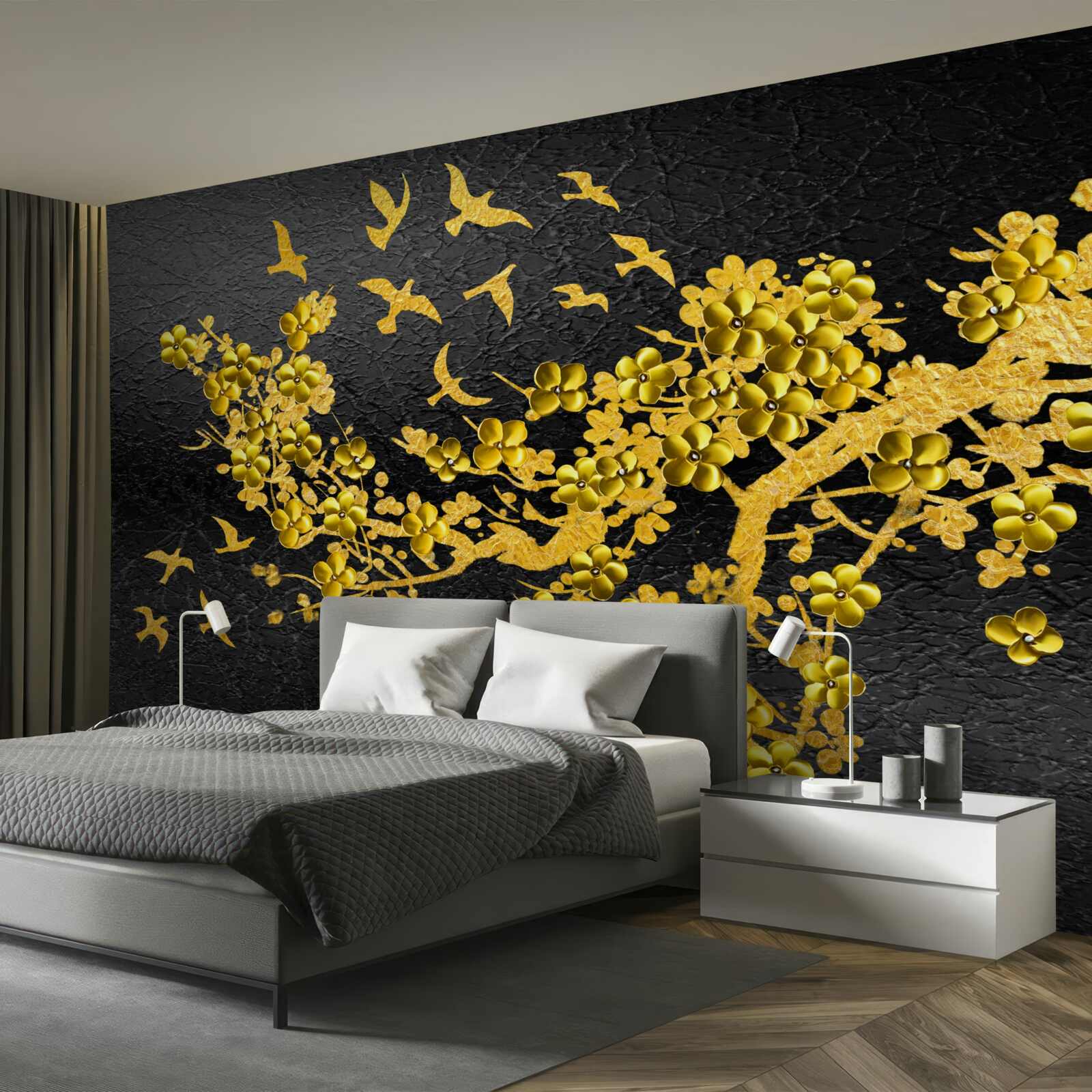 Фотошпалери маленькі жовті квіти та пташки