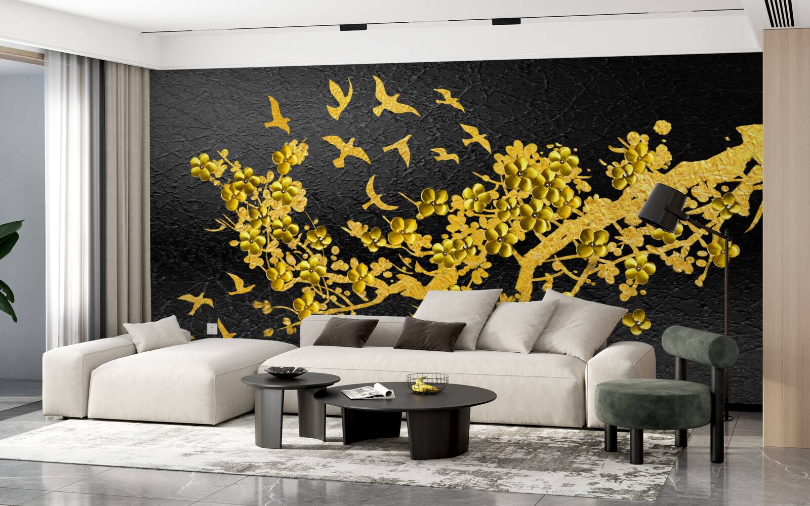 Фотошпалери маленькі жовті квіти та пташки