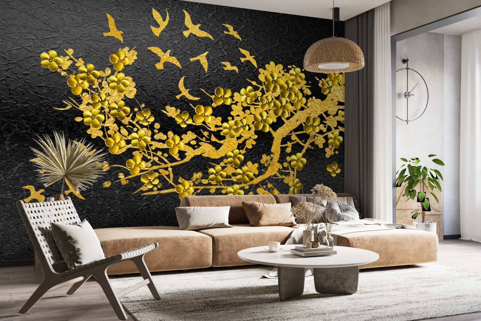 Фотошпалери маленькі жовті квіти та пташки