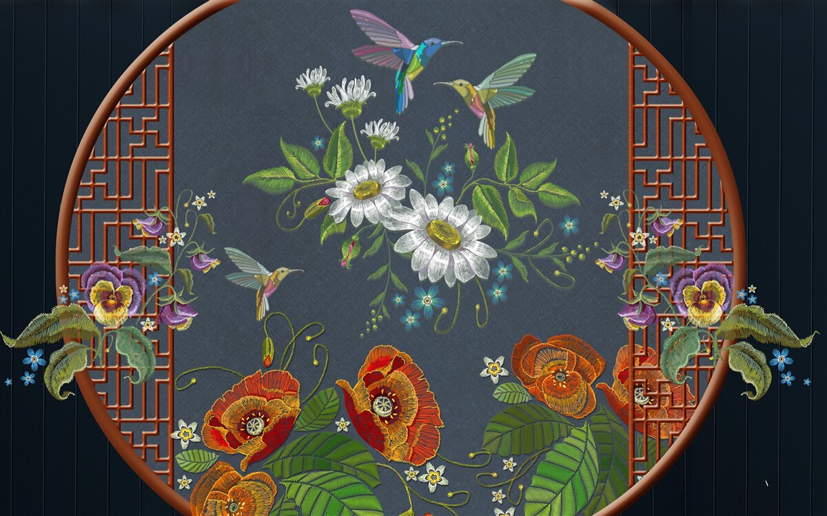 Фотошпалери панно з квітами та колібрі