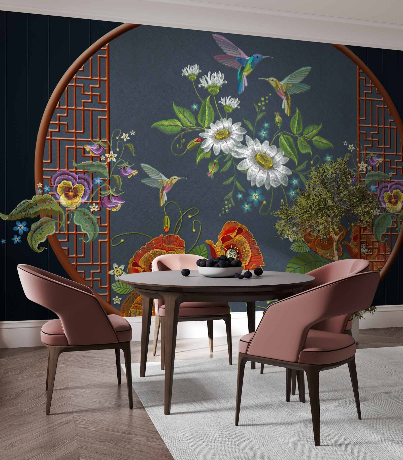 Фотошпалери панно з квітами та колібрі