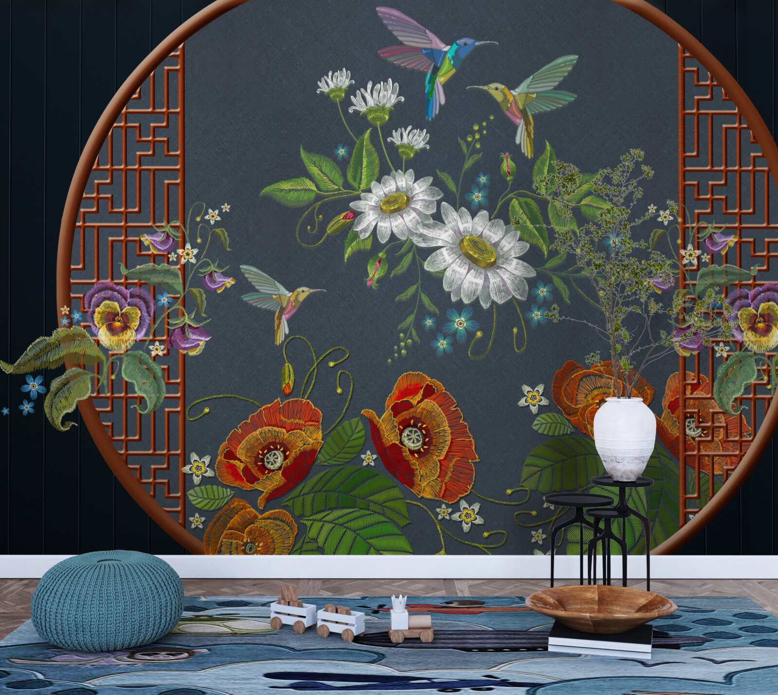 Фотошпалери панно з квітами та колібрі