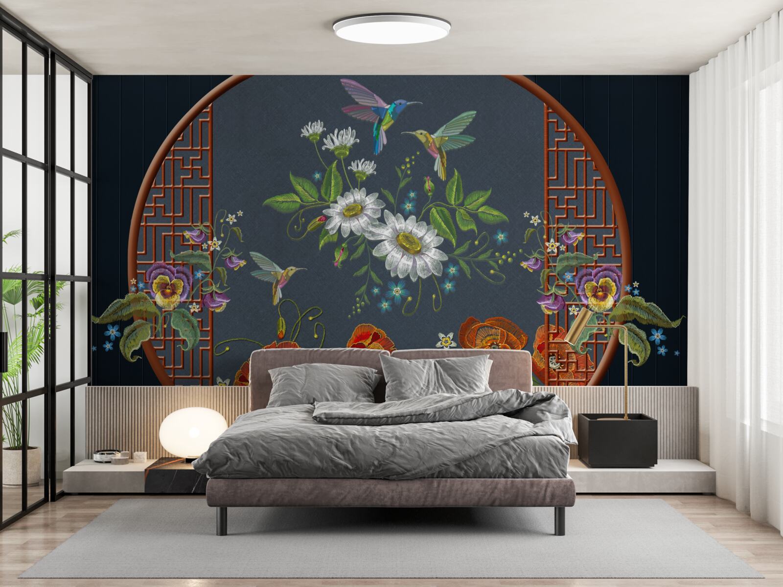 Фотошпалери панно з квітами та колібрі