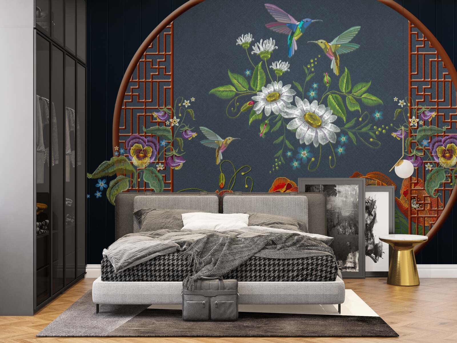 Фотошпалери панно з квітами та колібрі