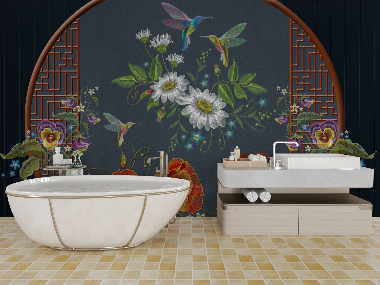 Фотошпалери панно з квітами та колібрі