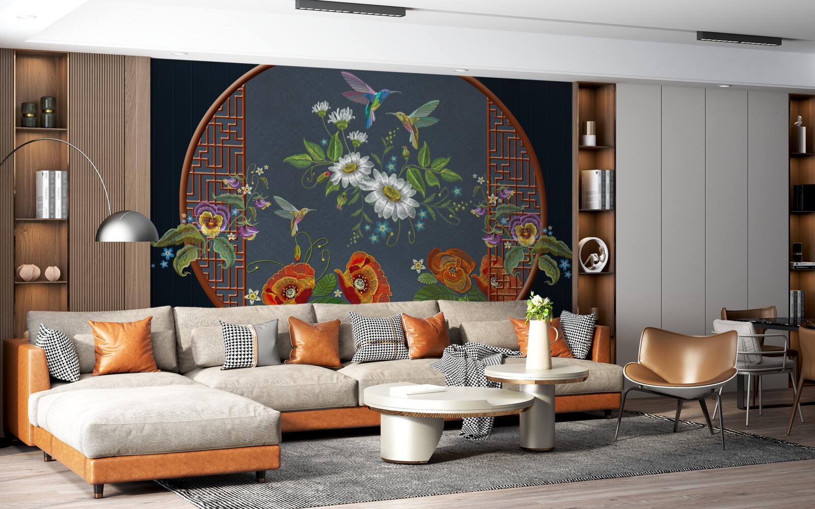 Фотошпалери панно з квітами та колібрі