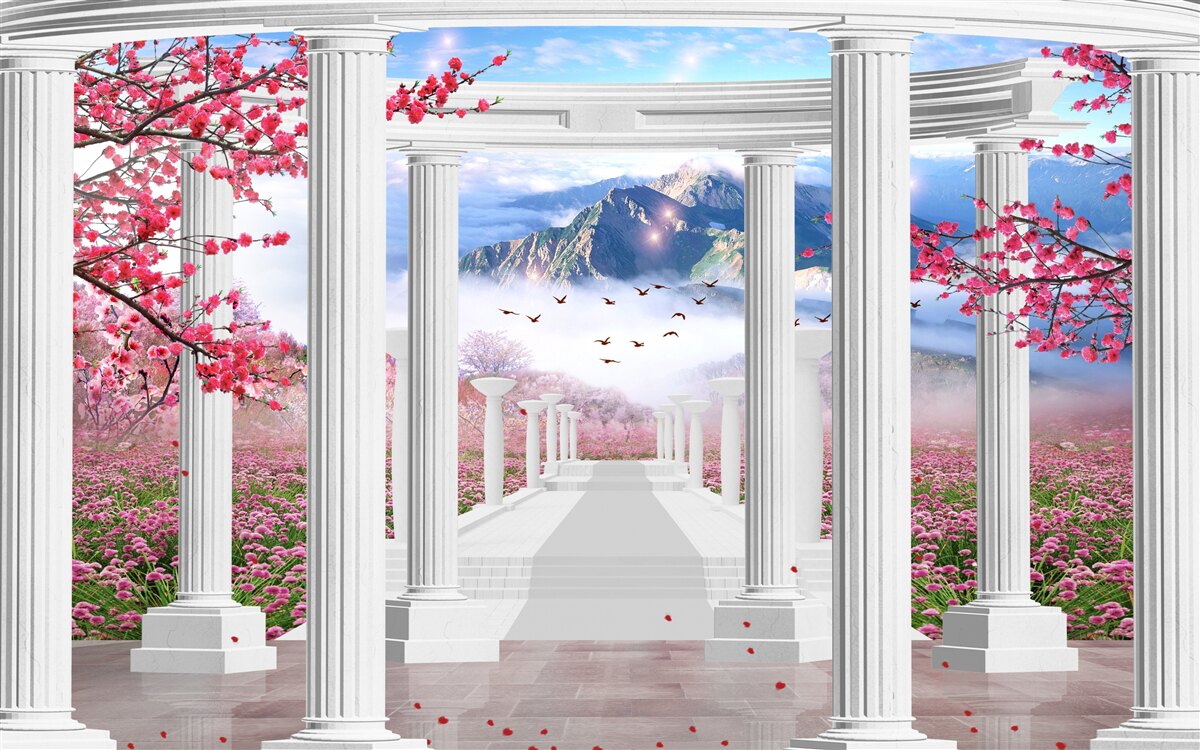 Фотошпалери біла альтанка на тлі заходу сонця, прикрашена квітами сакури