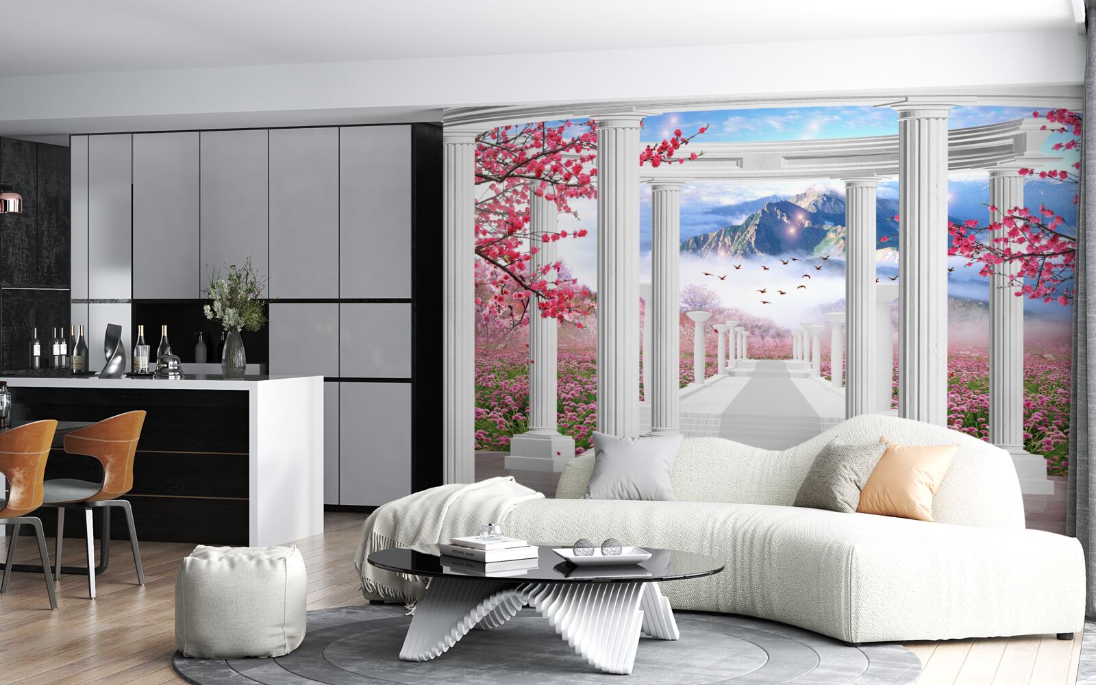 Фотошпалери біла альтанка на тлі заходу сонця, прикрашена квітами сакури