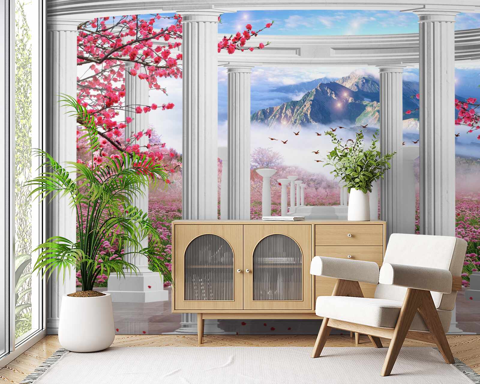 Фотошпалери біла альтанка на тлі заходу сонця, прикрашена квітами сакури