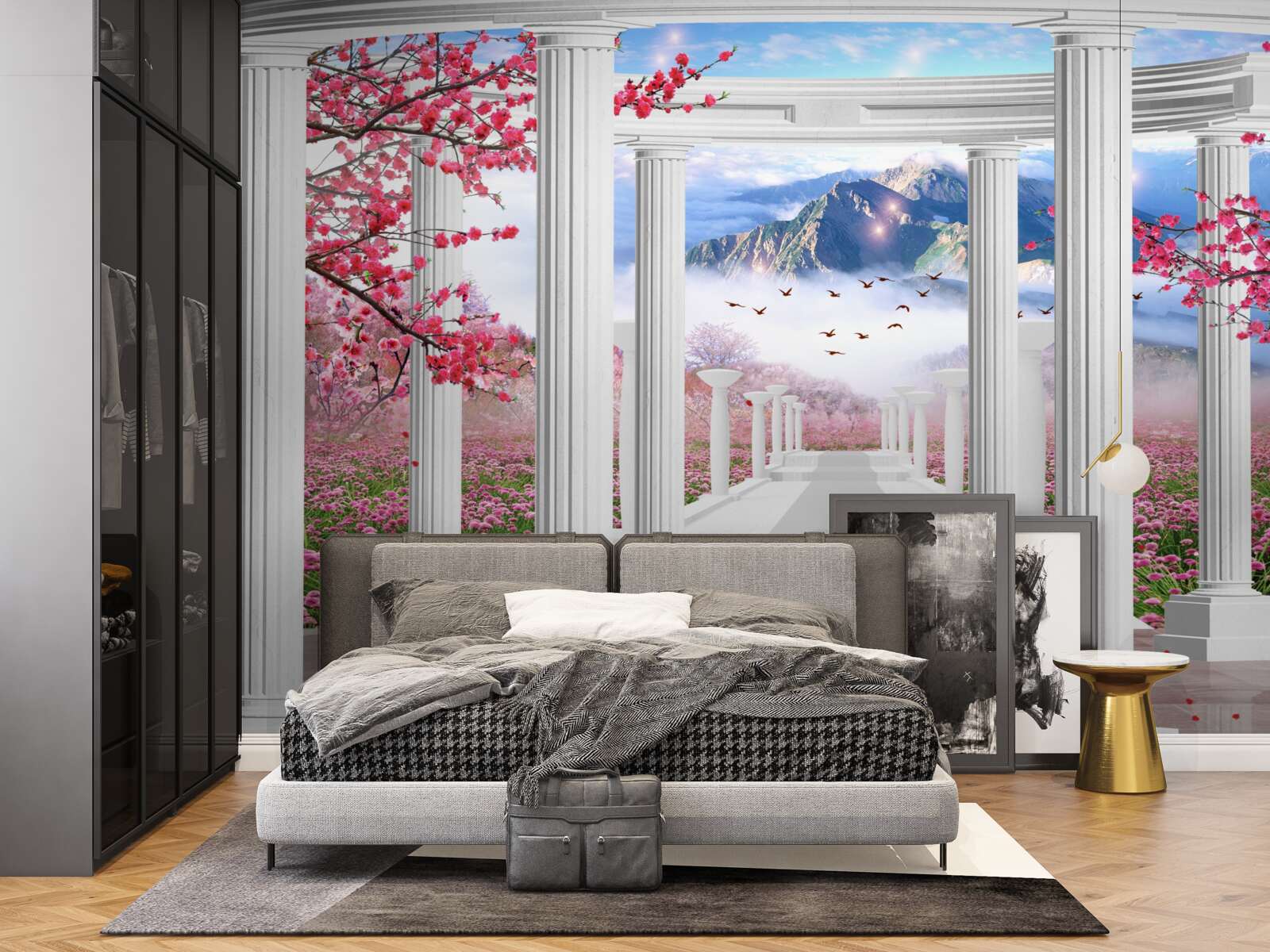 Фотошпалери біла альтанка на тлі заходу сонця, прикрашена квітами сакури