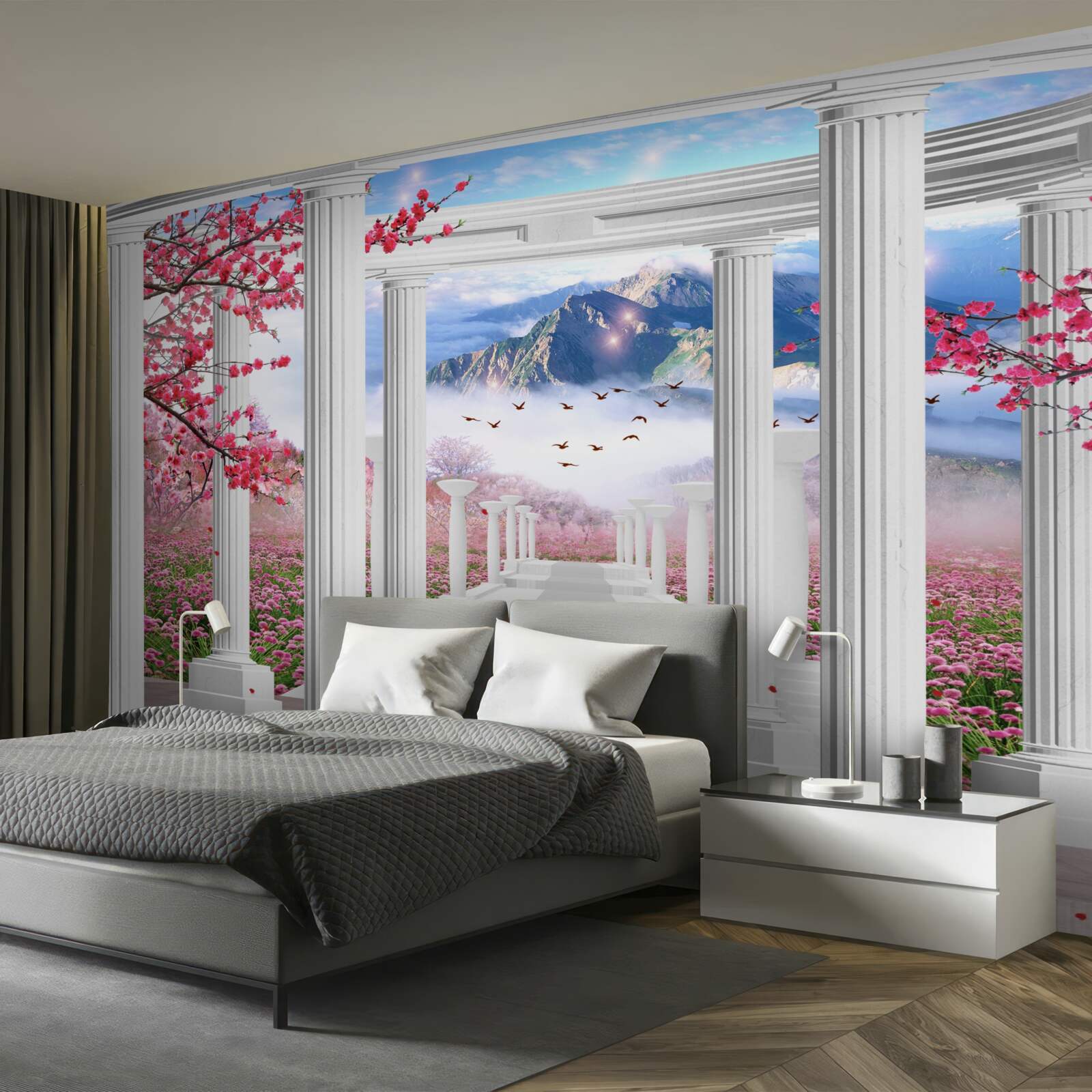 Фотошпалери біла альтанка на тлі заходу сонця, прикрашена квітами сакури