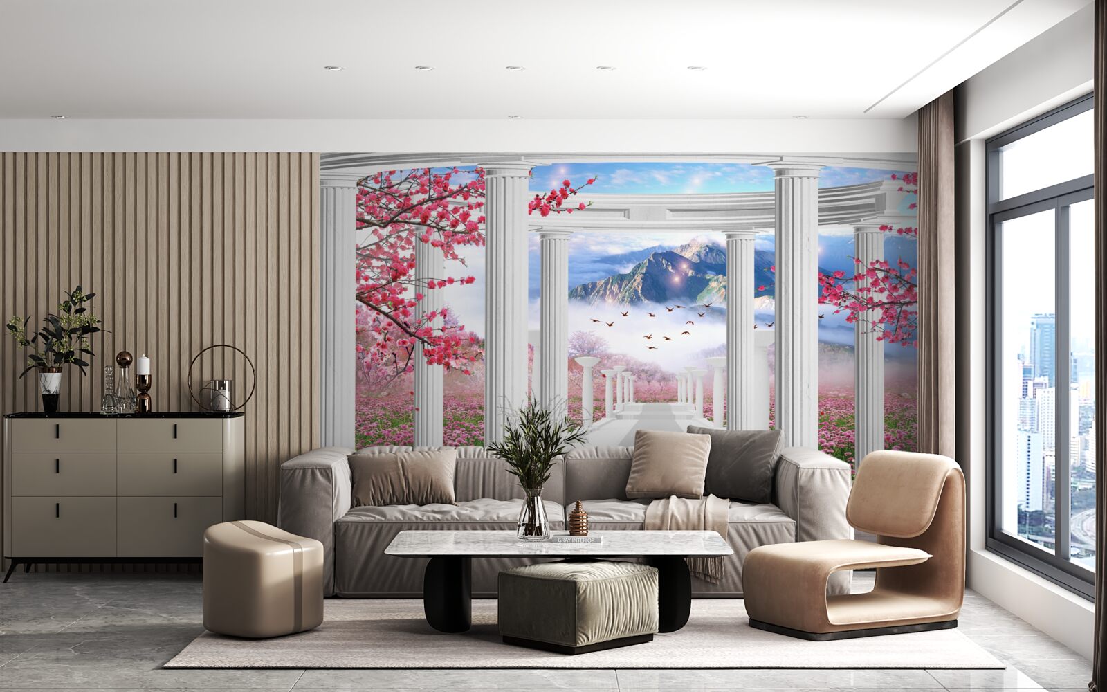 Фотошпалери біла альтанка на тлі заходу сонця, прикрашена квітами сакури