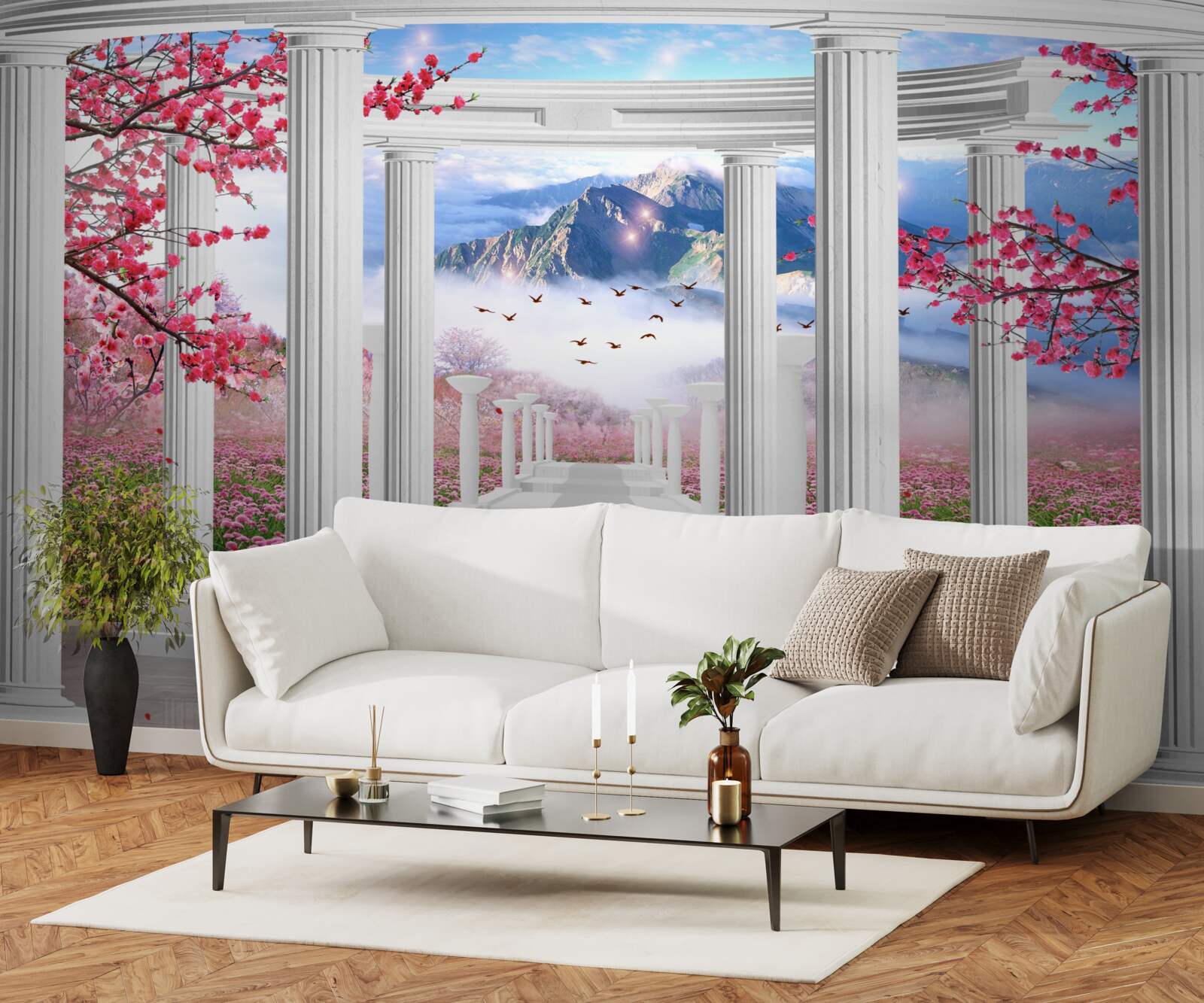 Фотошпалери біла альтанка на тлі заходу сонця, прикрашена квітами сакури