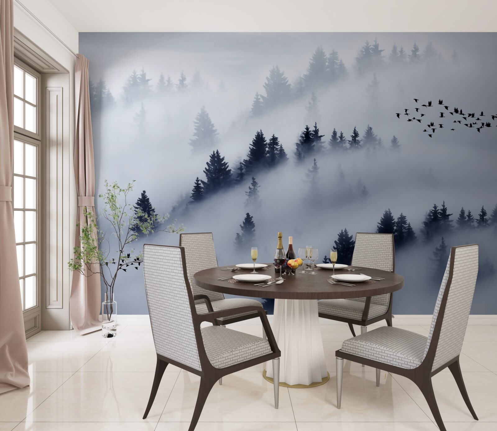 Фотошпалери хвойний ліс оповитий густим туманом