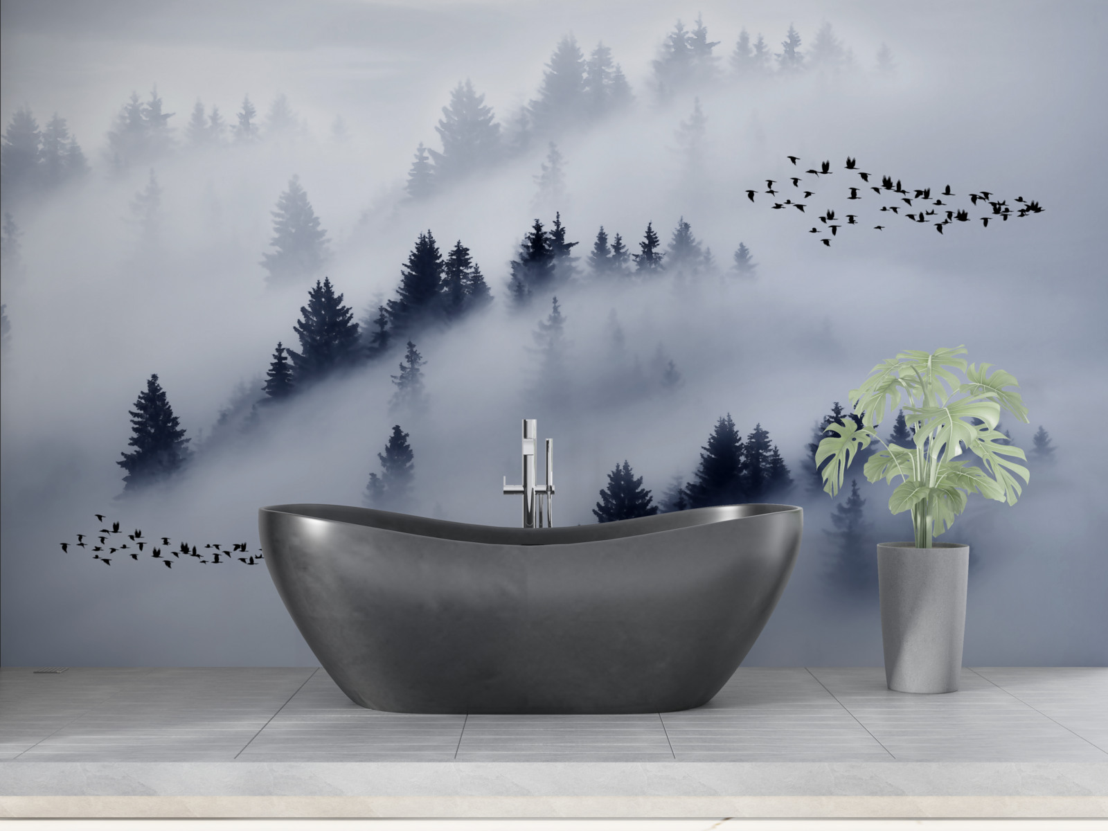 Фотошпалери хвойний ліс оповитий густим туманом