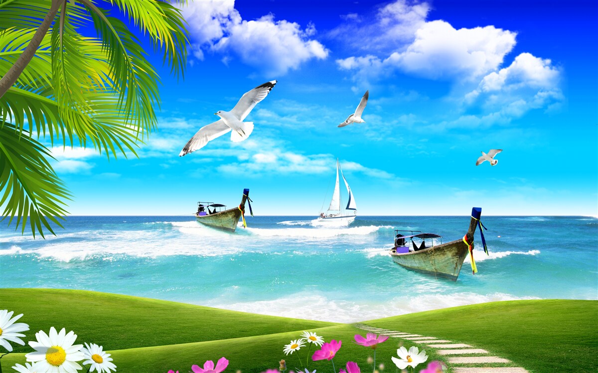 Фотошпалери кораблі на зеленому узбережжі