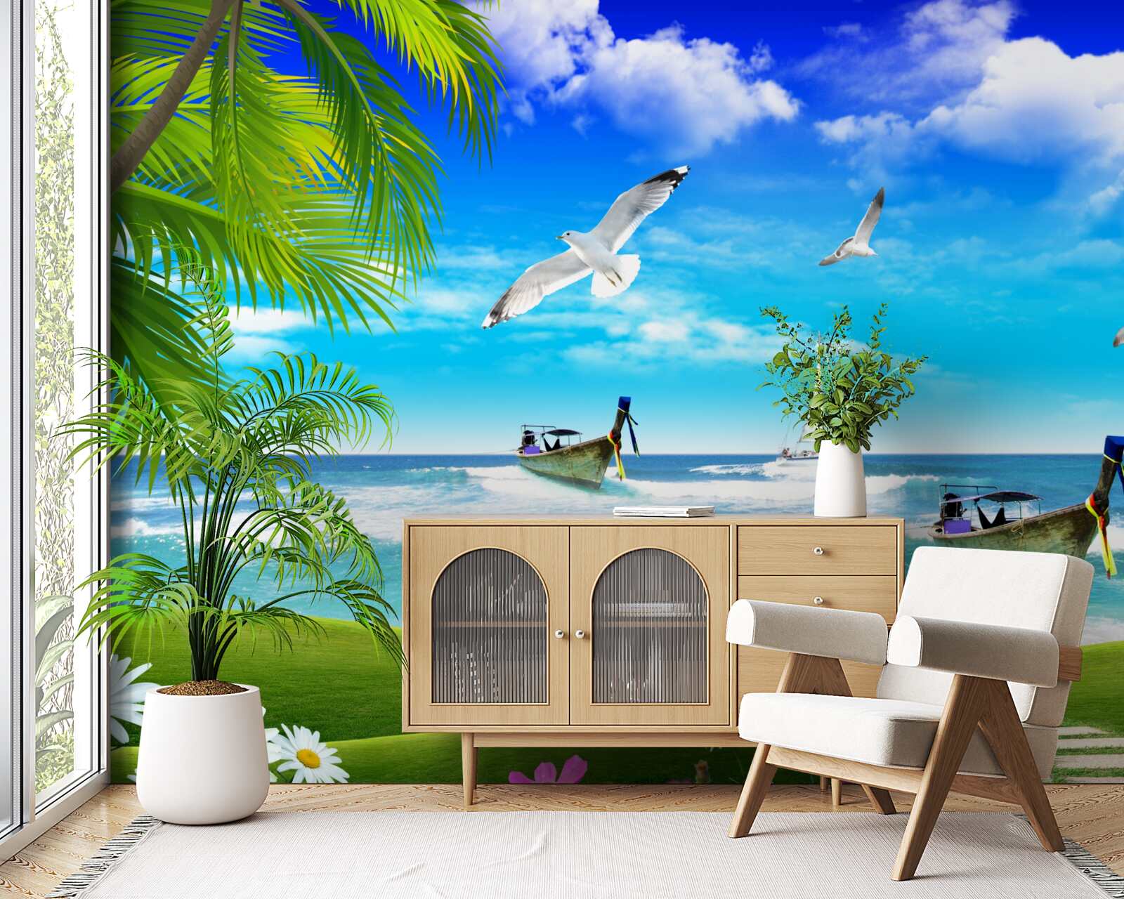 Фотошпалери кораблі на зеленому узбережжі