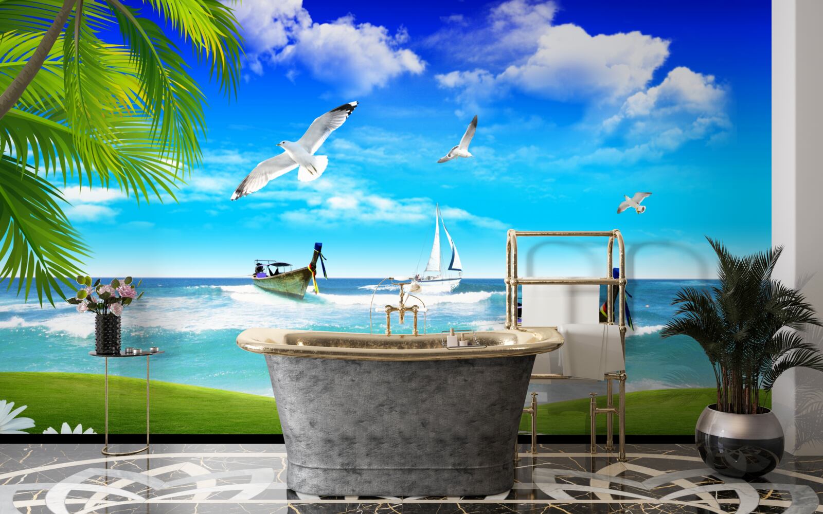 Фотошпалери кораблі на зеленому узбережжі