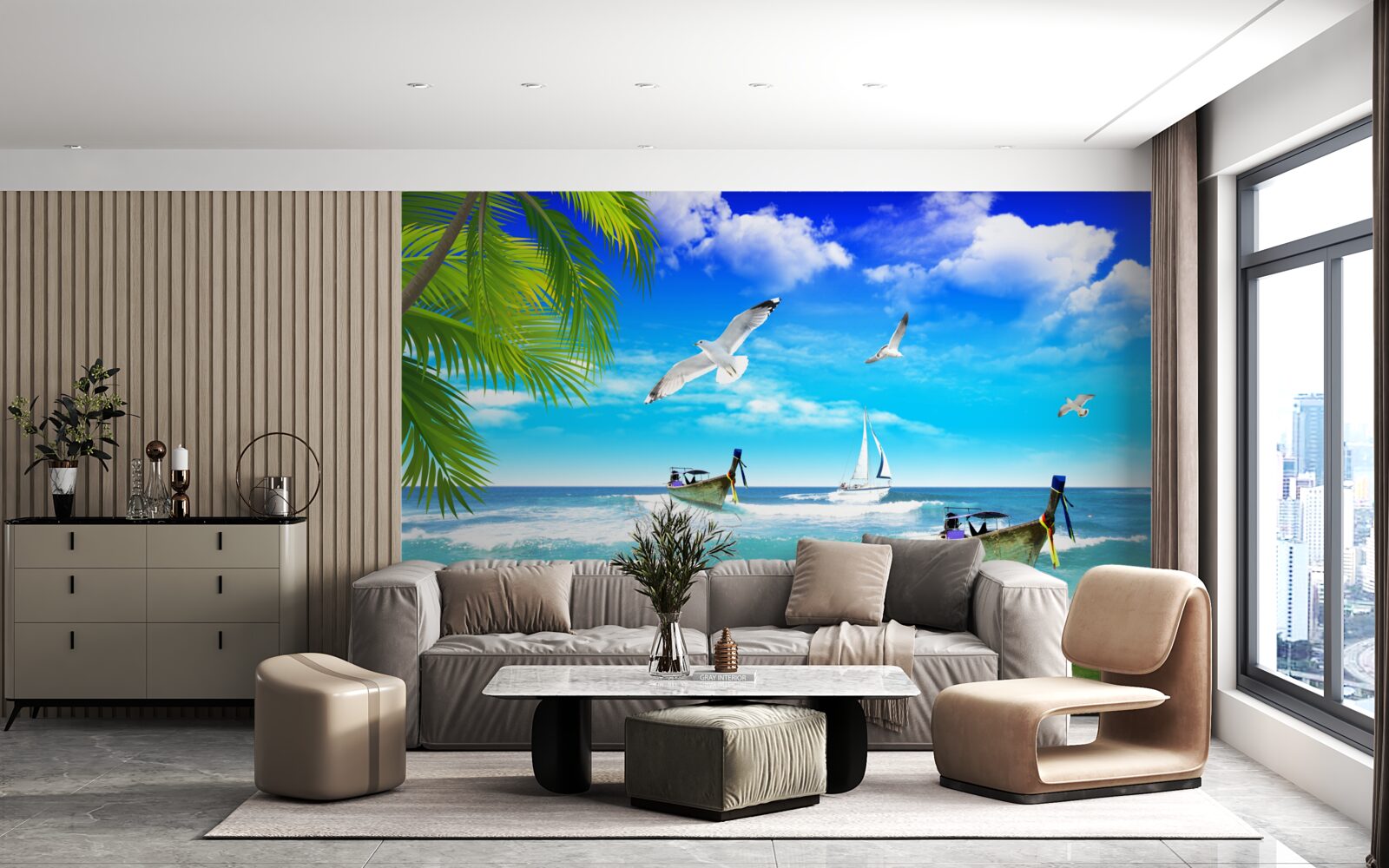 Фотошпалери кораблі на зеленому узбережжі