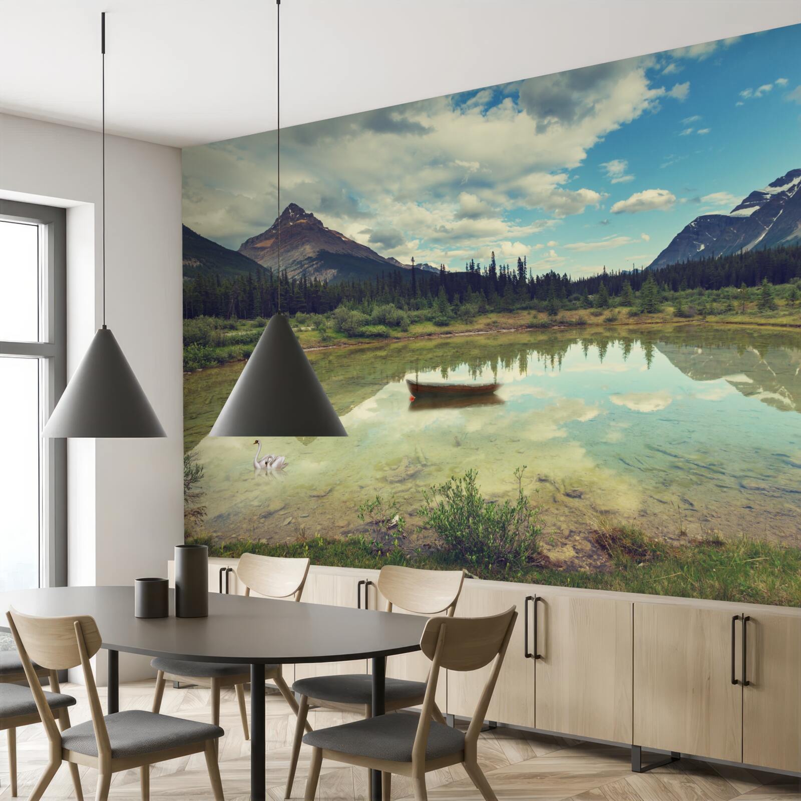 Фотошпалери водосховище оточене горами зі скелястими вершинами