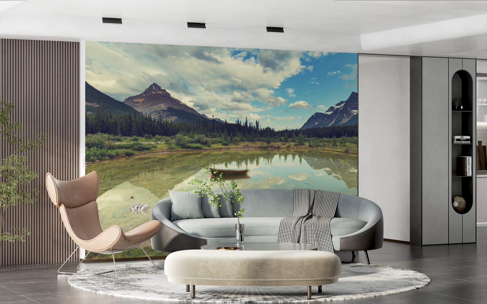 Фотошпалери водосховище оточене горами зі скелястими вершинами