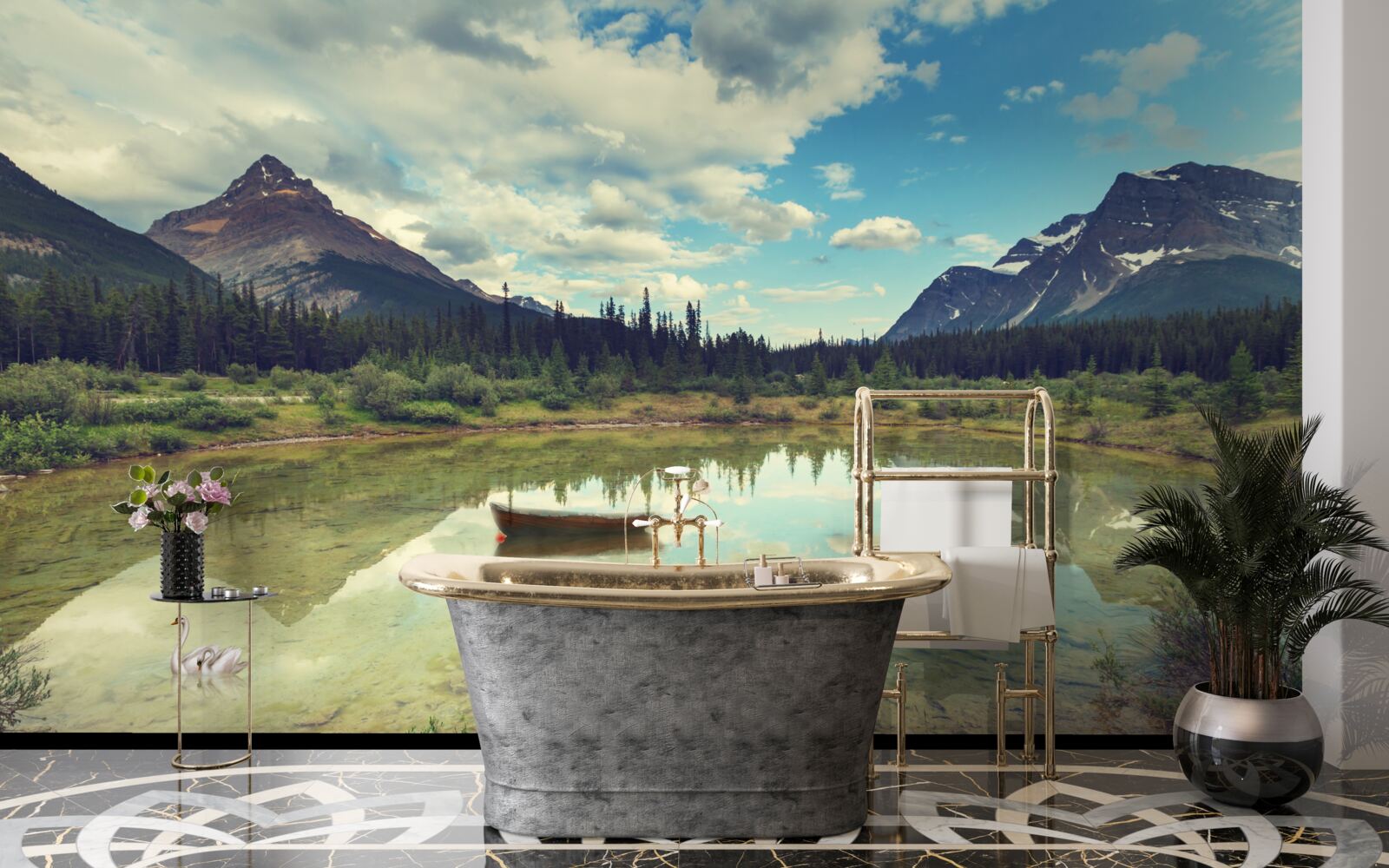 Фотошпалери водосховище оточене горами зі скелястими вершинами