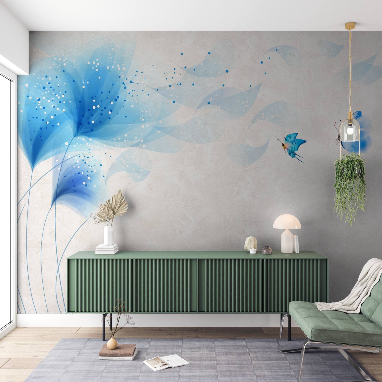 Фотошпалери лілії у векторному стилі та блакитні метелики