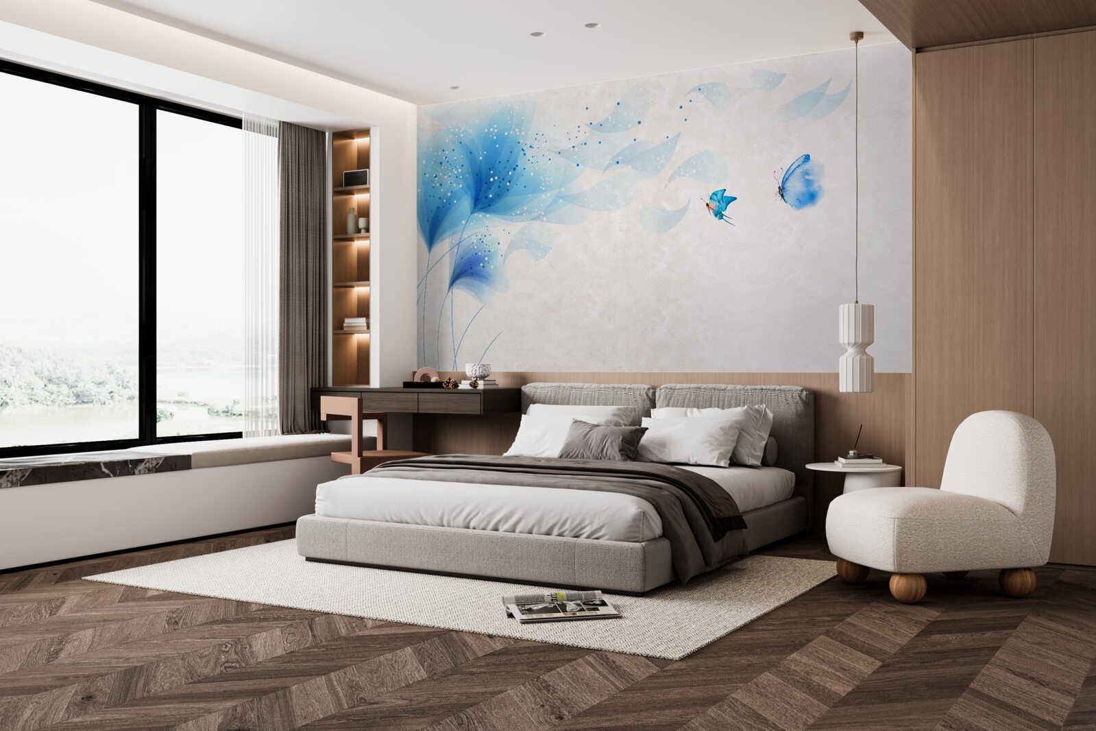 Фотошпалери лілії у векторному стилі та блакитні метелики