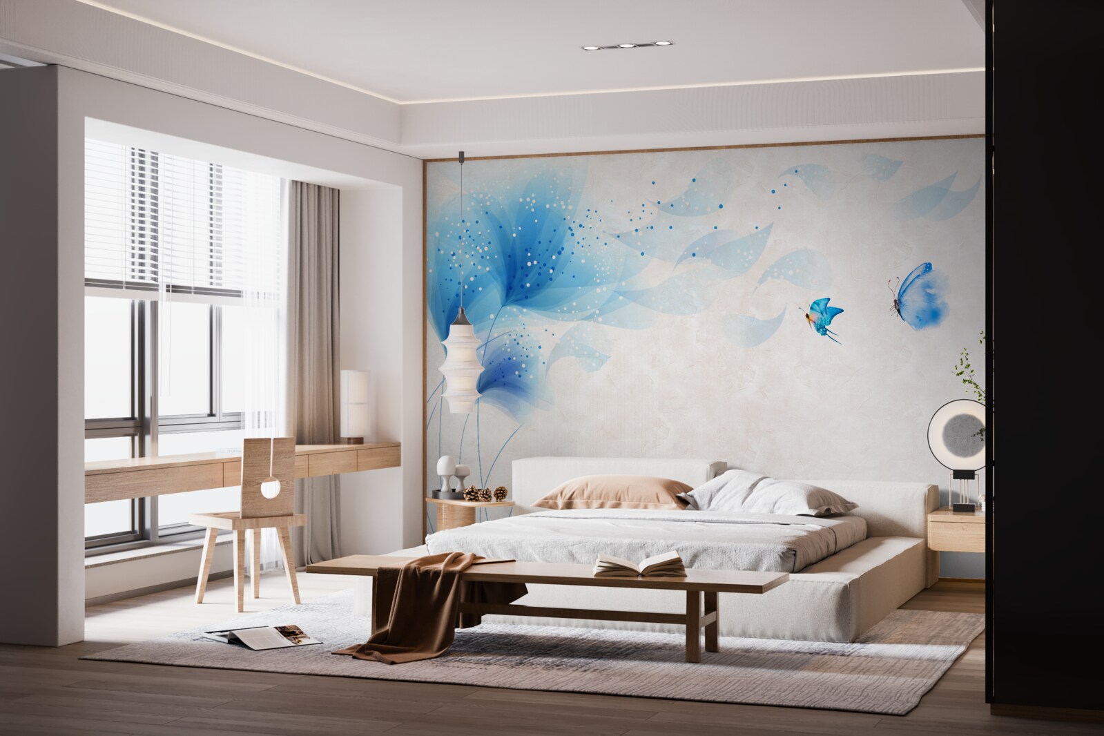 Фотошпалери лілії у векторному стилі та блакитні метелики