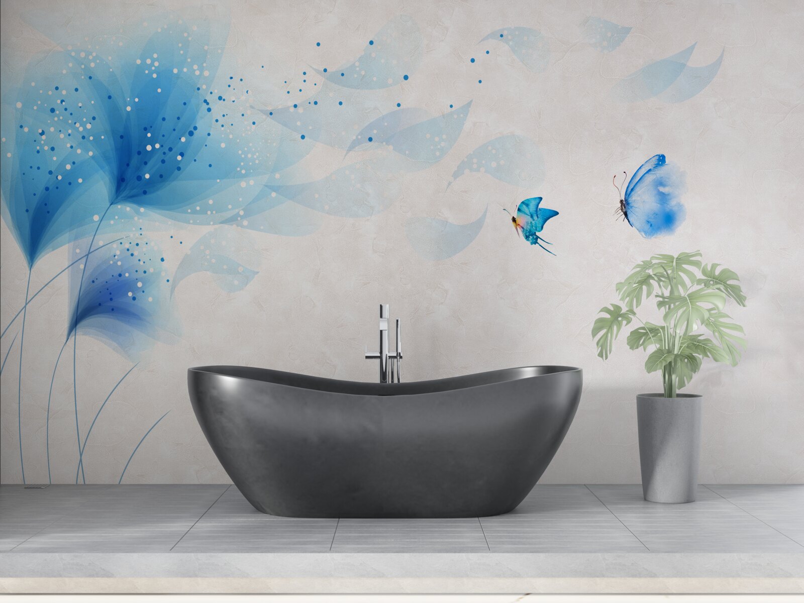 Фотошпалери лілії у векторному стилі та блакитні метелики