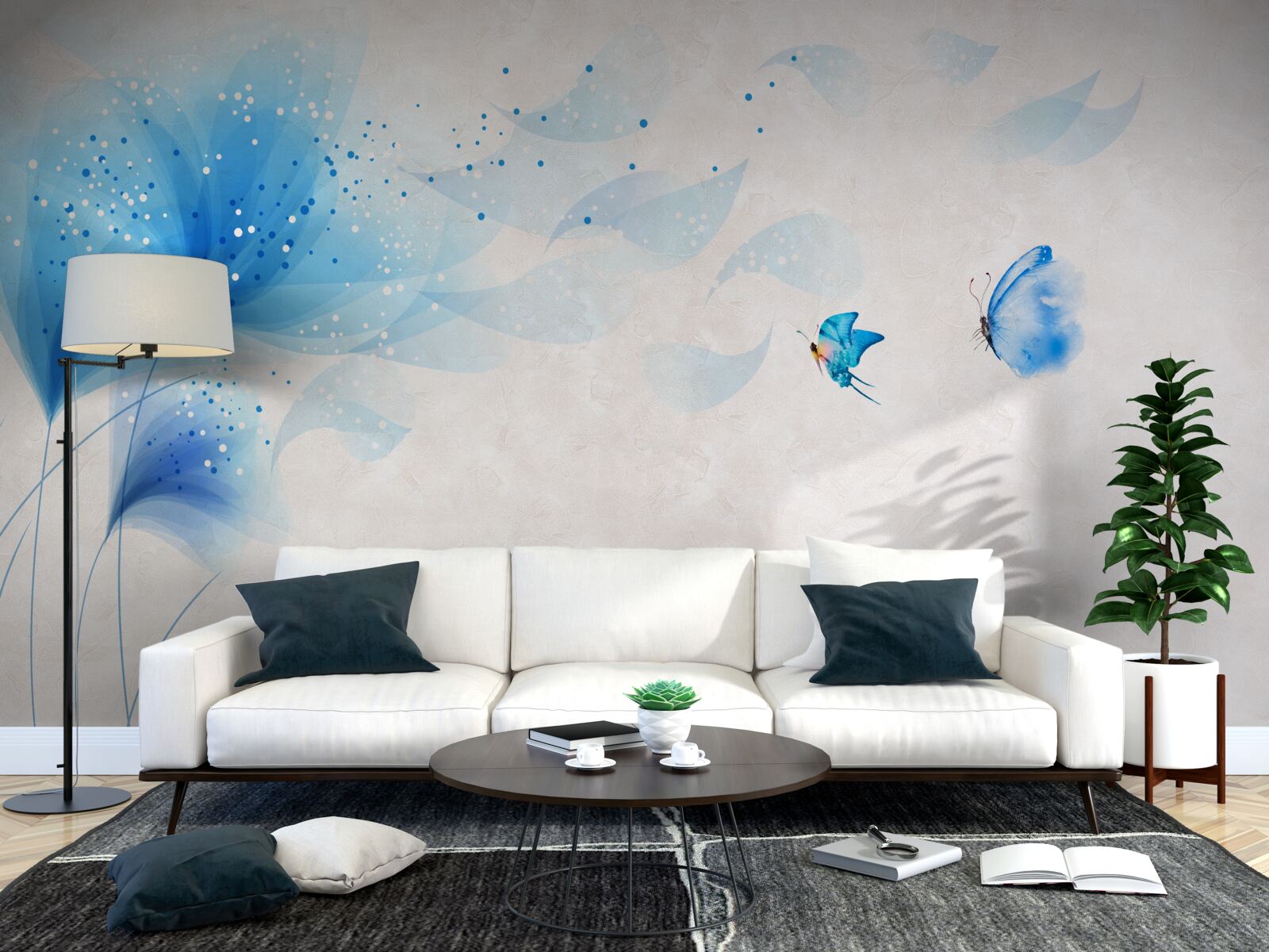 Фотошпалери лілії у векторному стилі та блакитні метелики