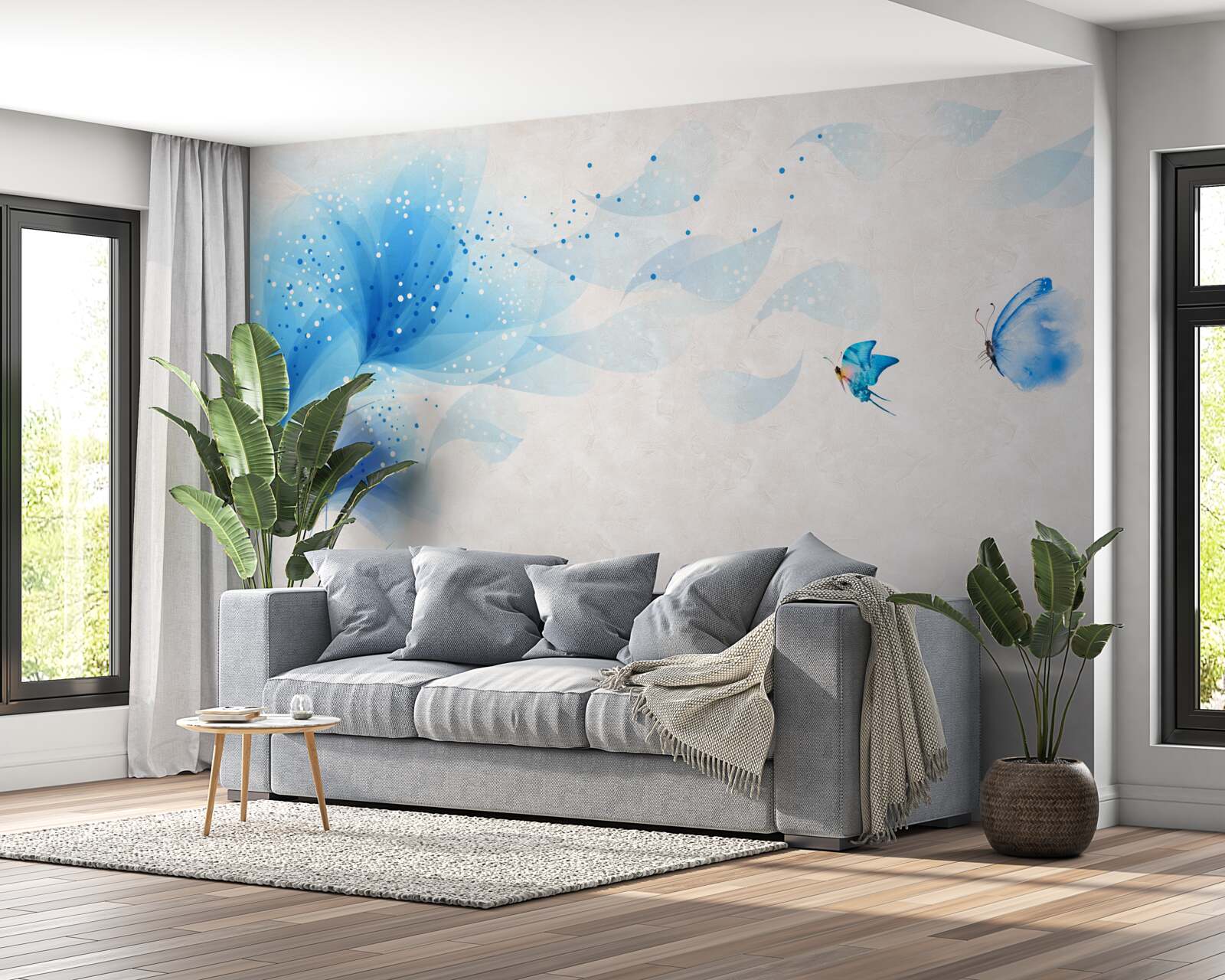 Фотошпалери лілії у векторному стилі та блакитні метелики