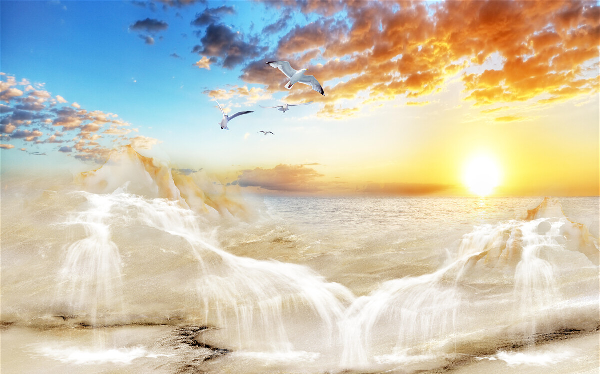 Фотошпалери захід сонця над морем з чайками