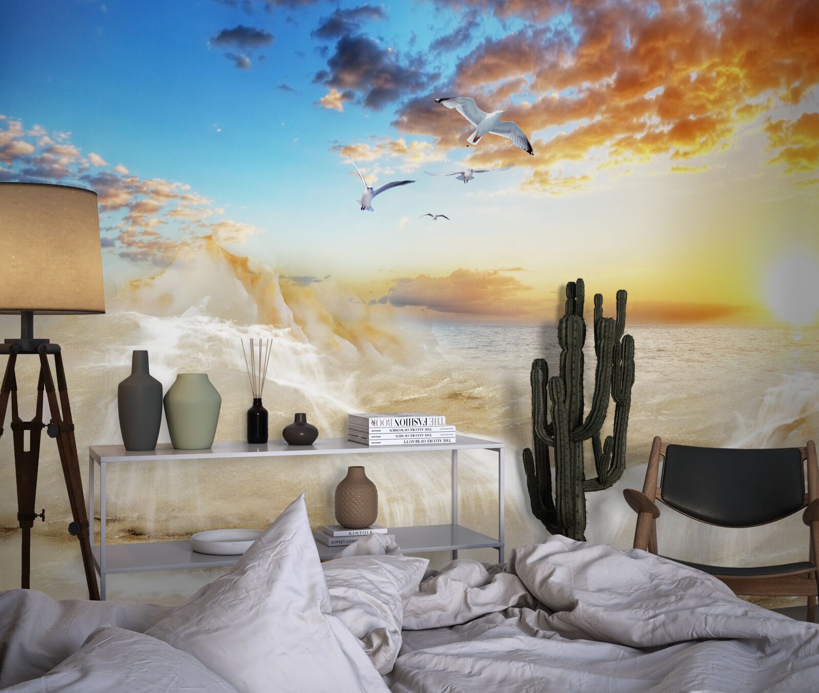 Фотошпалери захід сонця над морем з чайками